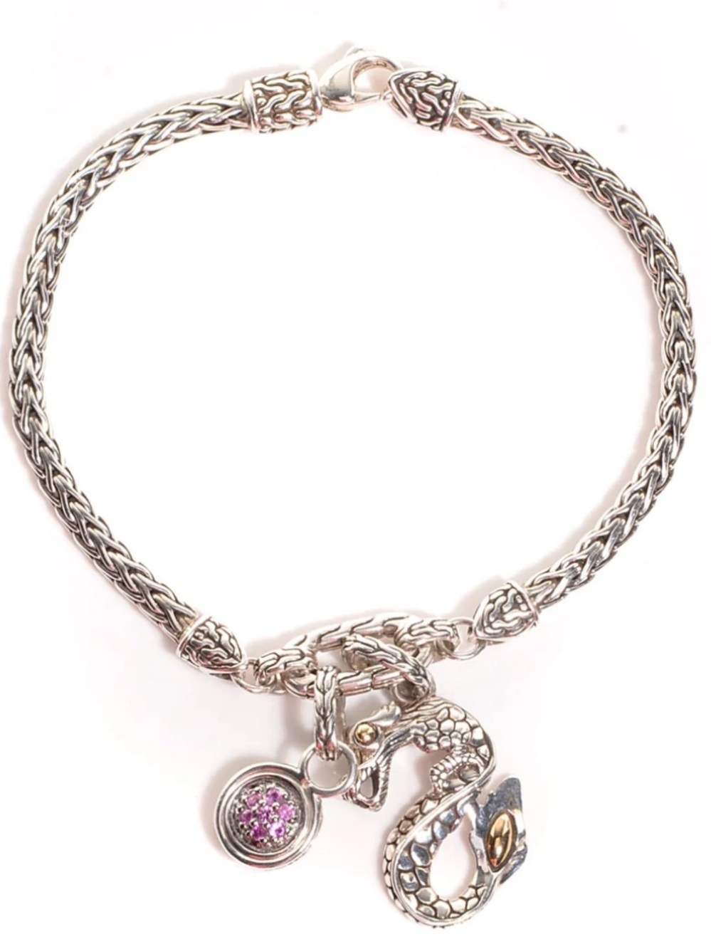 John Hardy Silver 18K Naga Dragon and Pink Sapphire Charm Bracelet